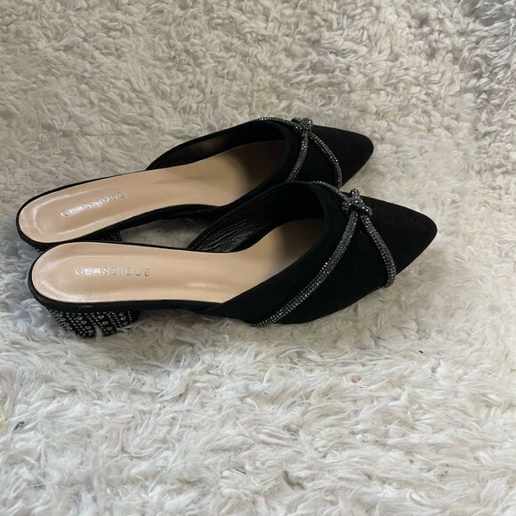 Classique synthetic black suede mules jewel knot accent rhinestone heels SZ10M - Picture 2 of 10